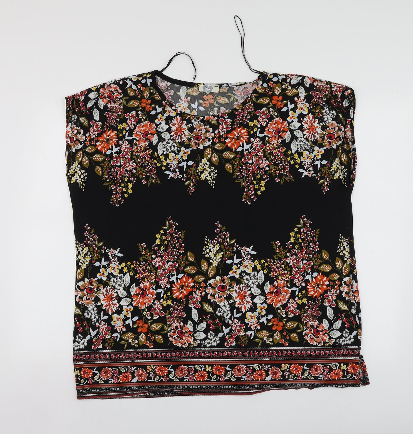 Papaya Womens Black Floral Polyester Basic T-Shirt Size 20 Round Neck