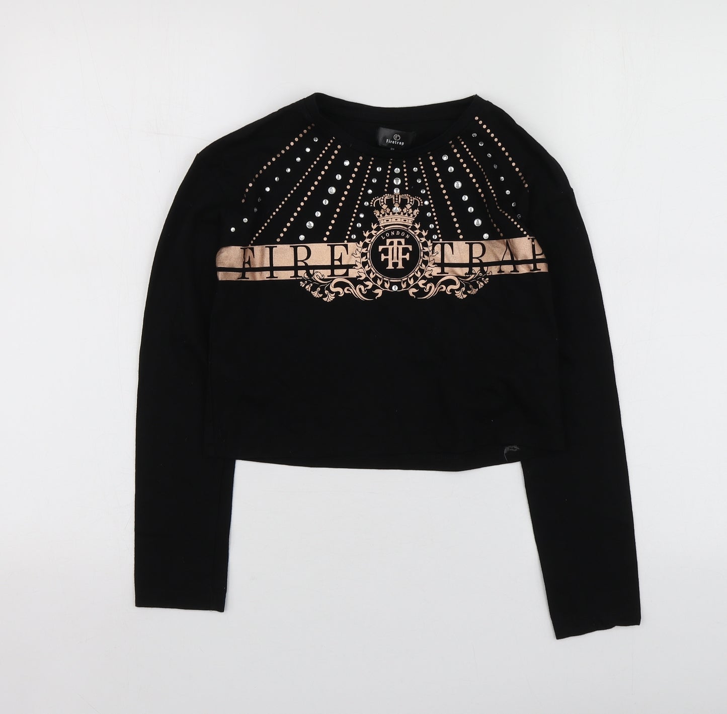 Firetrap Girls Black Geometric Cotton Basic T-Shirt Size 9-10 Years Round Neck