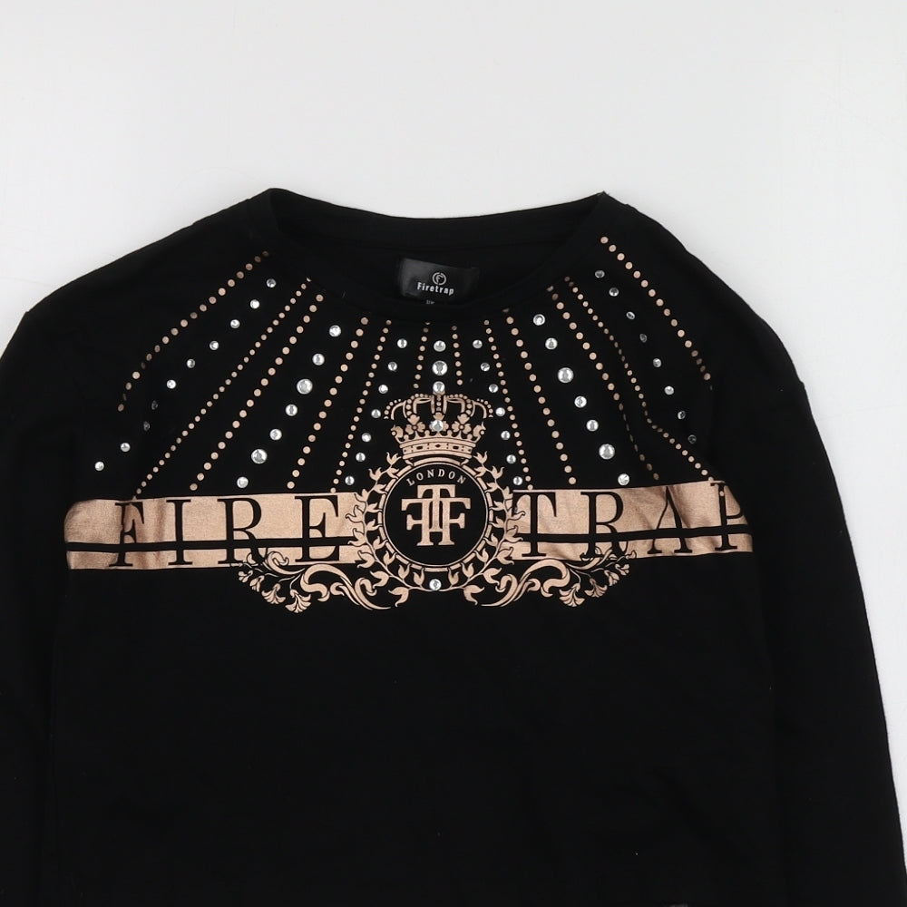 Firetrap Girls Black Geometric Cotton Basic T-Shirt Size 9-10 Years Round Neck