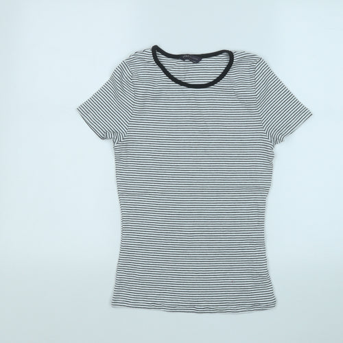 Marks and Spencer Womens White Striped Cotton Basic T-Shirt Size 12 Round Neck