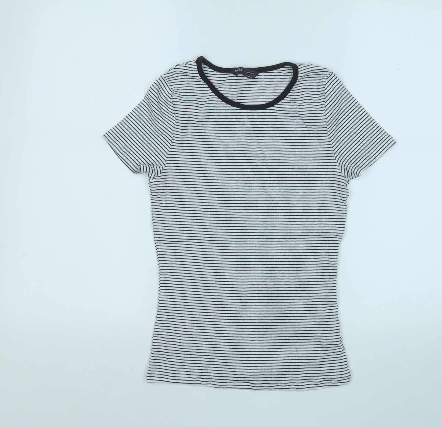 Marks and Spencer Womens White Striped Cotton Basic T-Shirt Size 12 Round Neck