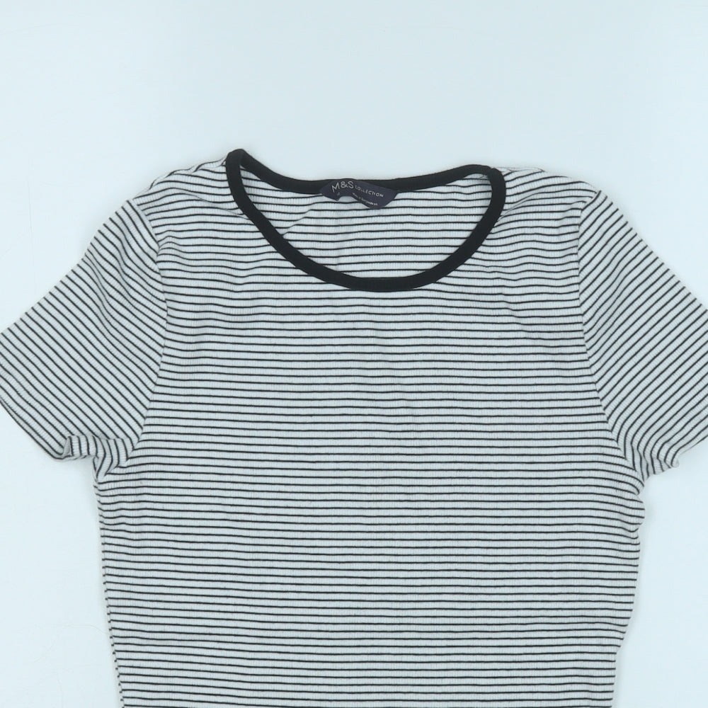 Marks and Spencer Womens White Striped Cotton Basic T-Shirt Size 12 Round Neck