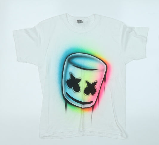 Front view of Gildan boys’ white cotton basic t-shirt, size L, round neck - marshmallow