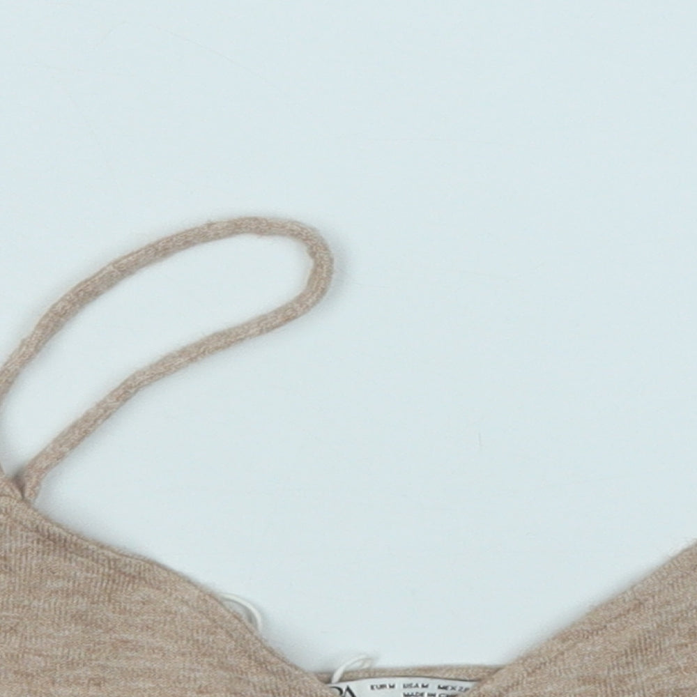 Zara Womens Beige  Viscose Basic T-Shirt Size M Round Neck
