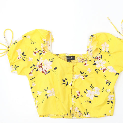 Chemistry Womens Yellow Floral Polyester Basic Blouse Size 10 Round Neck