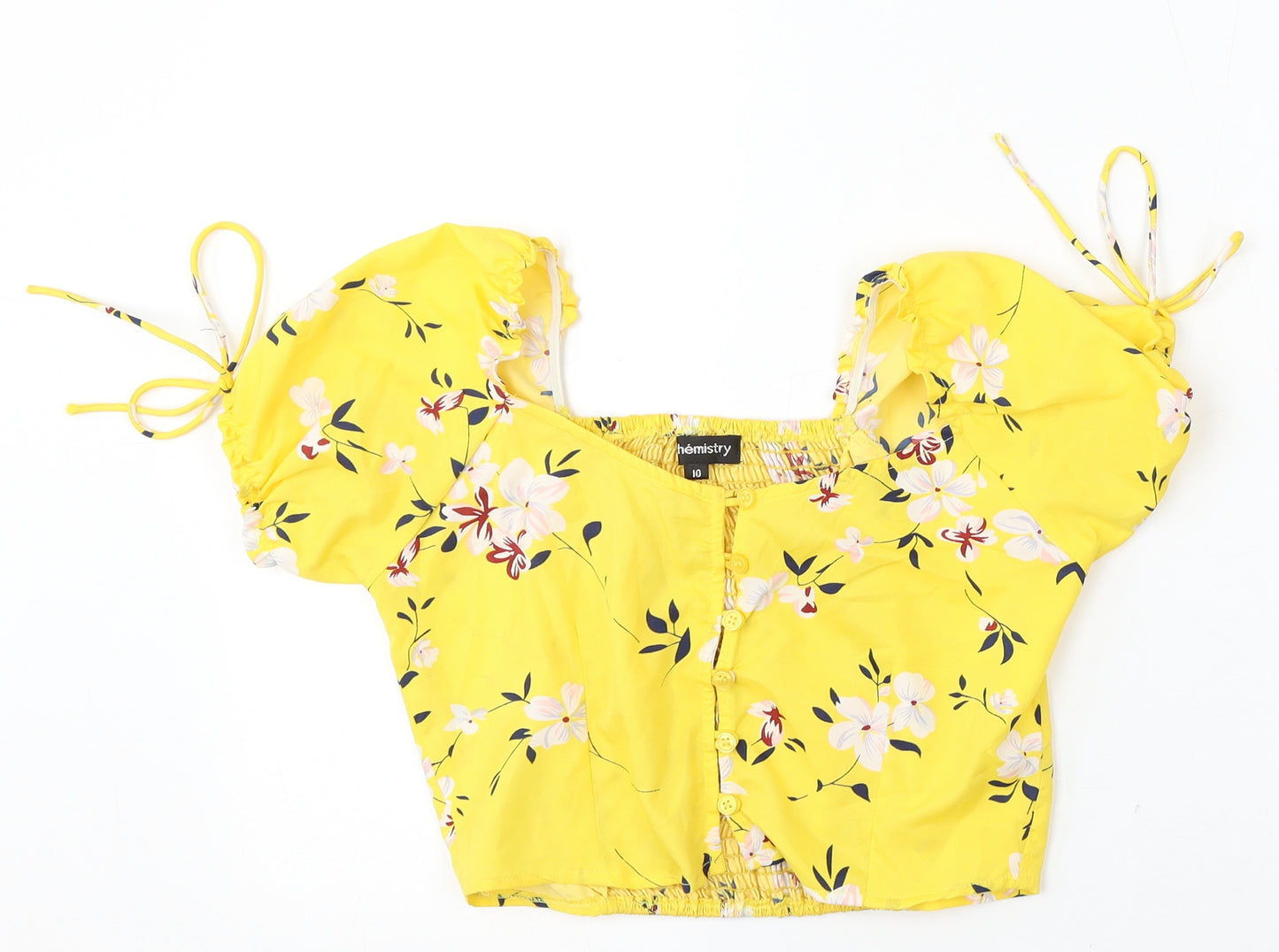 Chemistry Womens Yellow Floral Polyester Basic Blouse Size 10 Round Neck
