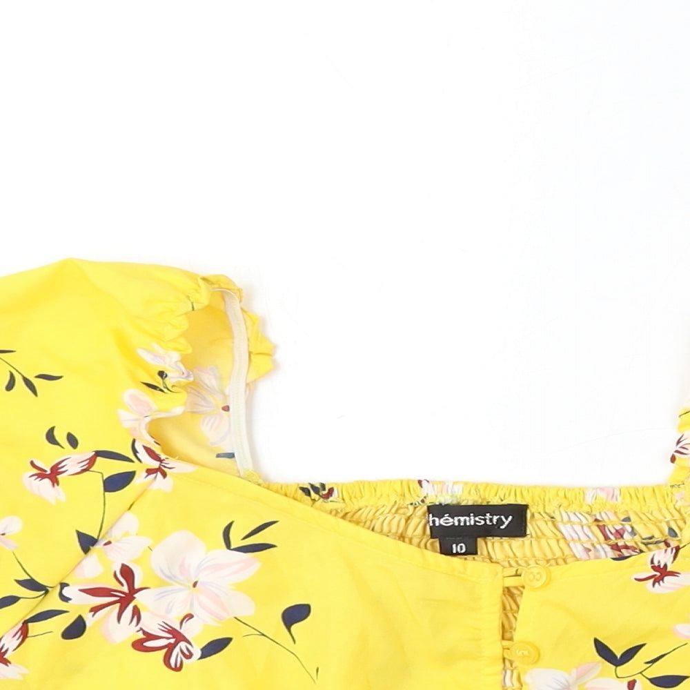 Chemistry Womens Yellow Floral Polyester Basic Blouse Size 10 Round Neck