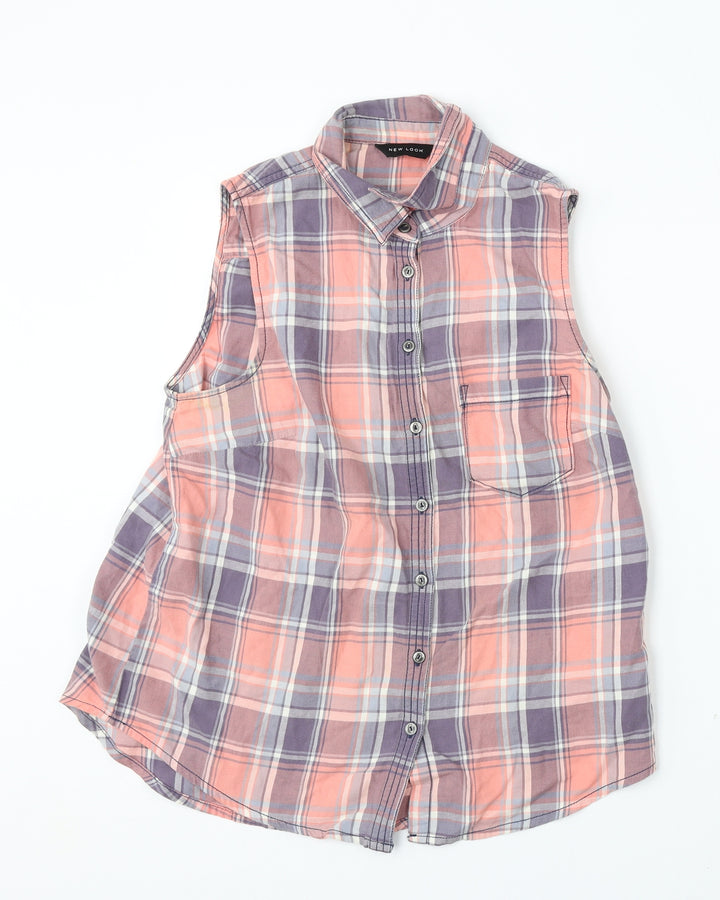 New Look Womens Multicoloured Plaid Cotton Basic Button-Up Size 12 Collared