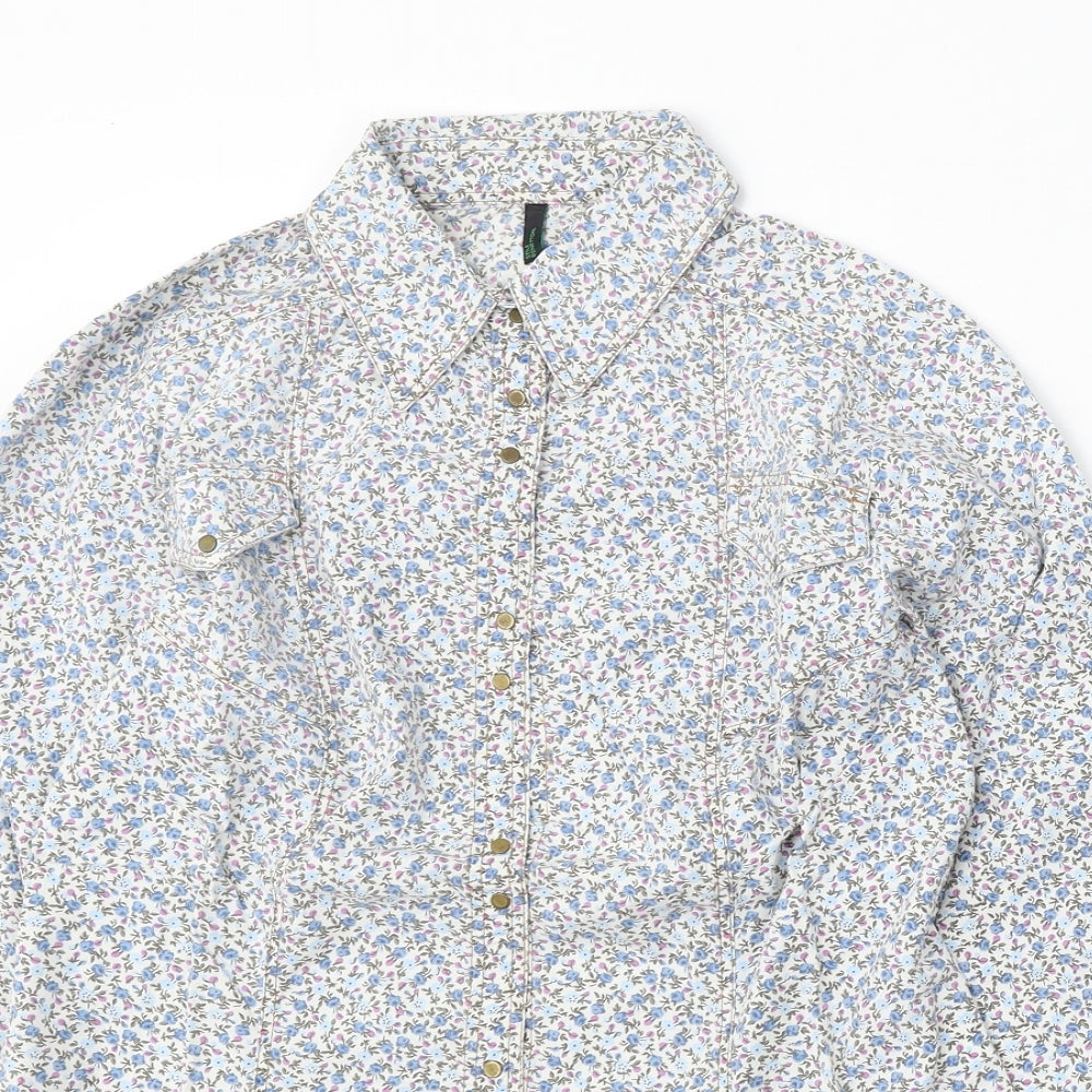 United Colors of Benetton Womens Multicoloured Floral Cotton Basic Button-Up Size S Collared