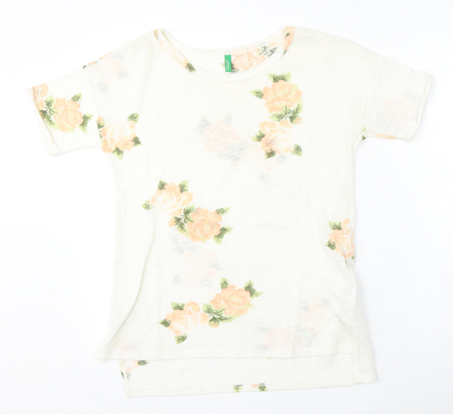 United Colors of Benetton Womens White Round Neck Floral Cotton Pullover Jumper Size XS