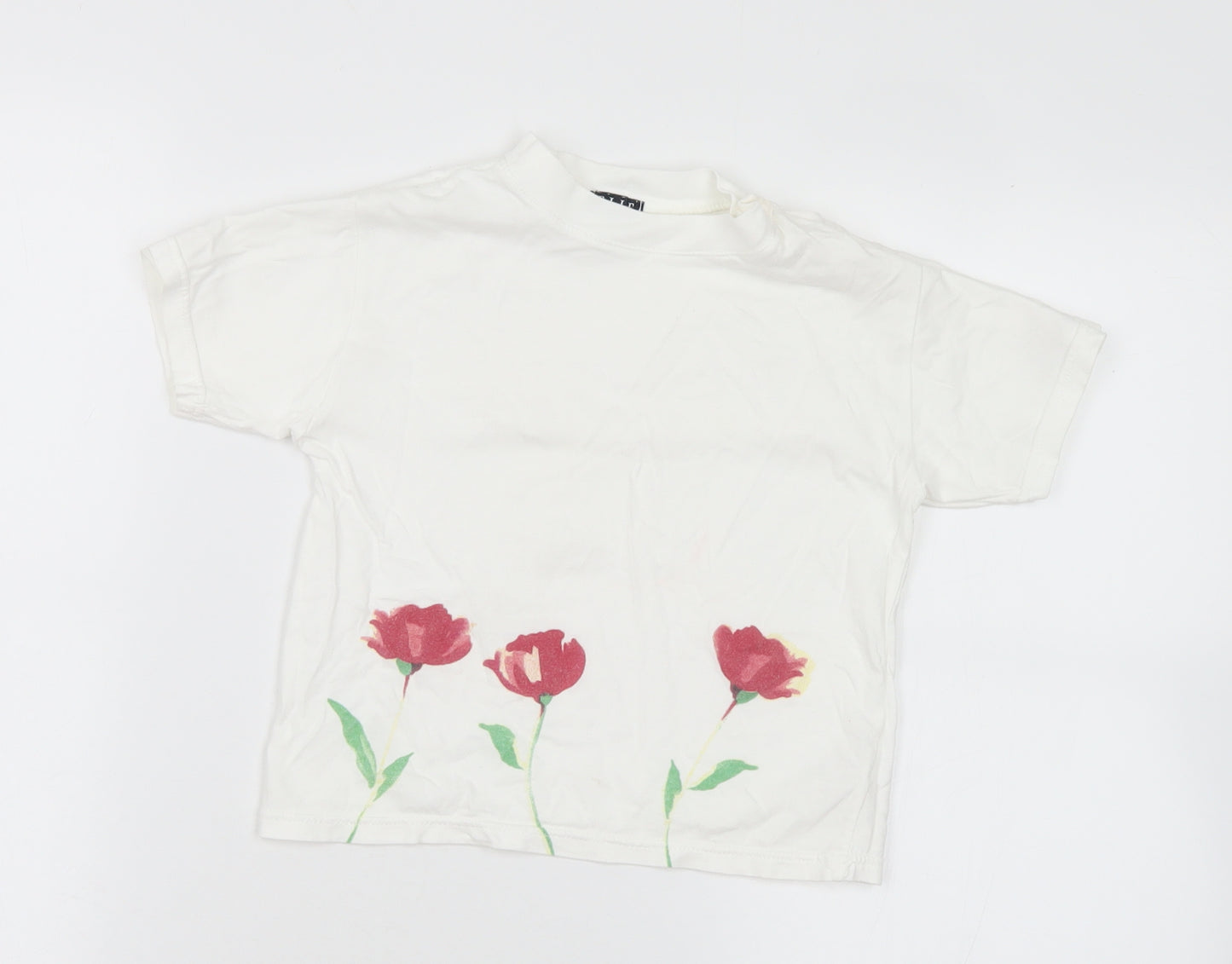 ELLE Girls White Floral Cotton Basic T-Shirt Size 2 Years Crew Neck