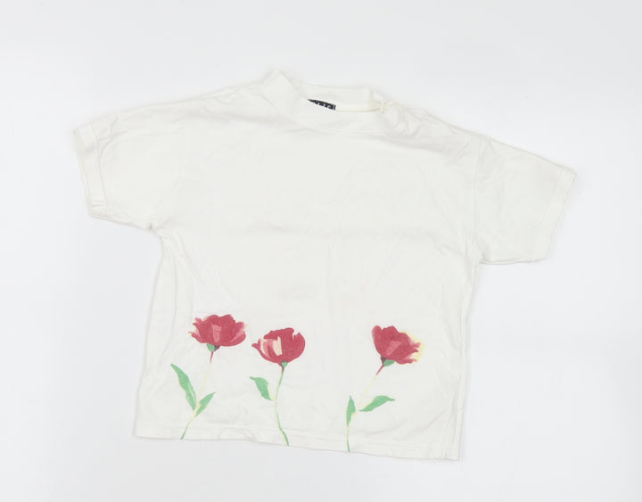 ELLE Girls White Floral Cotton Basic T-Shirt Size 2 Years Crew Neck