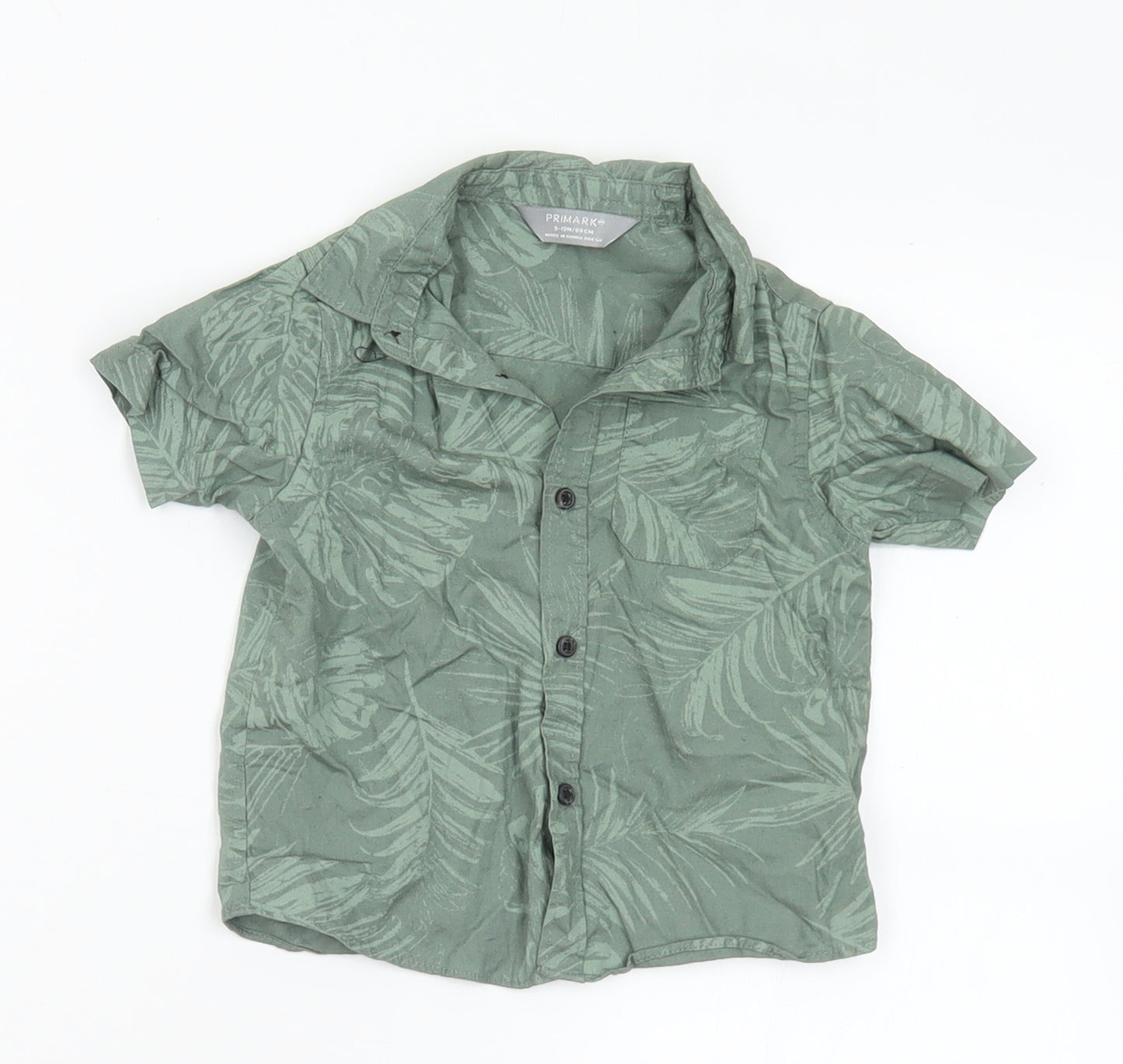 Primark Boys Green Floral Cotton Basic Button-Up Size 6-9 Months Collared Button - 6-12 months