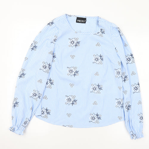 Pieces Womens Blue Check Polyester Basic Blouse Size S Round Neck