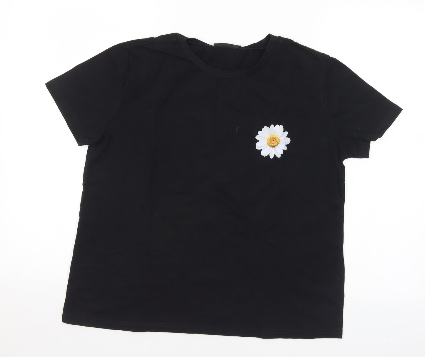 SheIn Womens Black  Cotton Basic T-Shirt Size M Crew Neck - Flower
