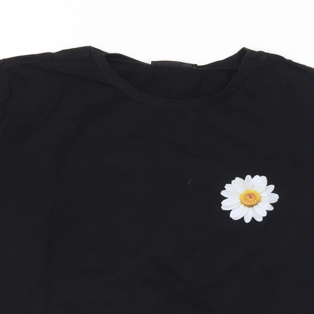 SheIn Womens Black  Cotton Basic T-Shirt Size M Crew Neck - Flower