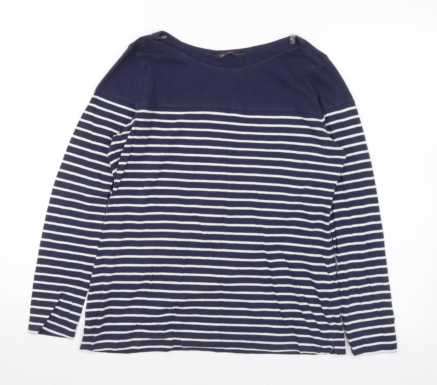 Marks and Spencer Womens Blue Striped Cotton Basic T-Shirt Size 12 Boat Neck