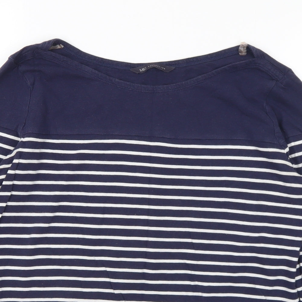 Marks and Spencer Womens Blue Striped Cotton Basic T-Shirt Size 12 Boat Neck
