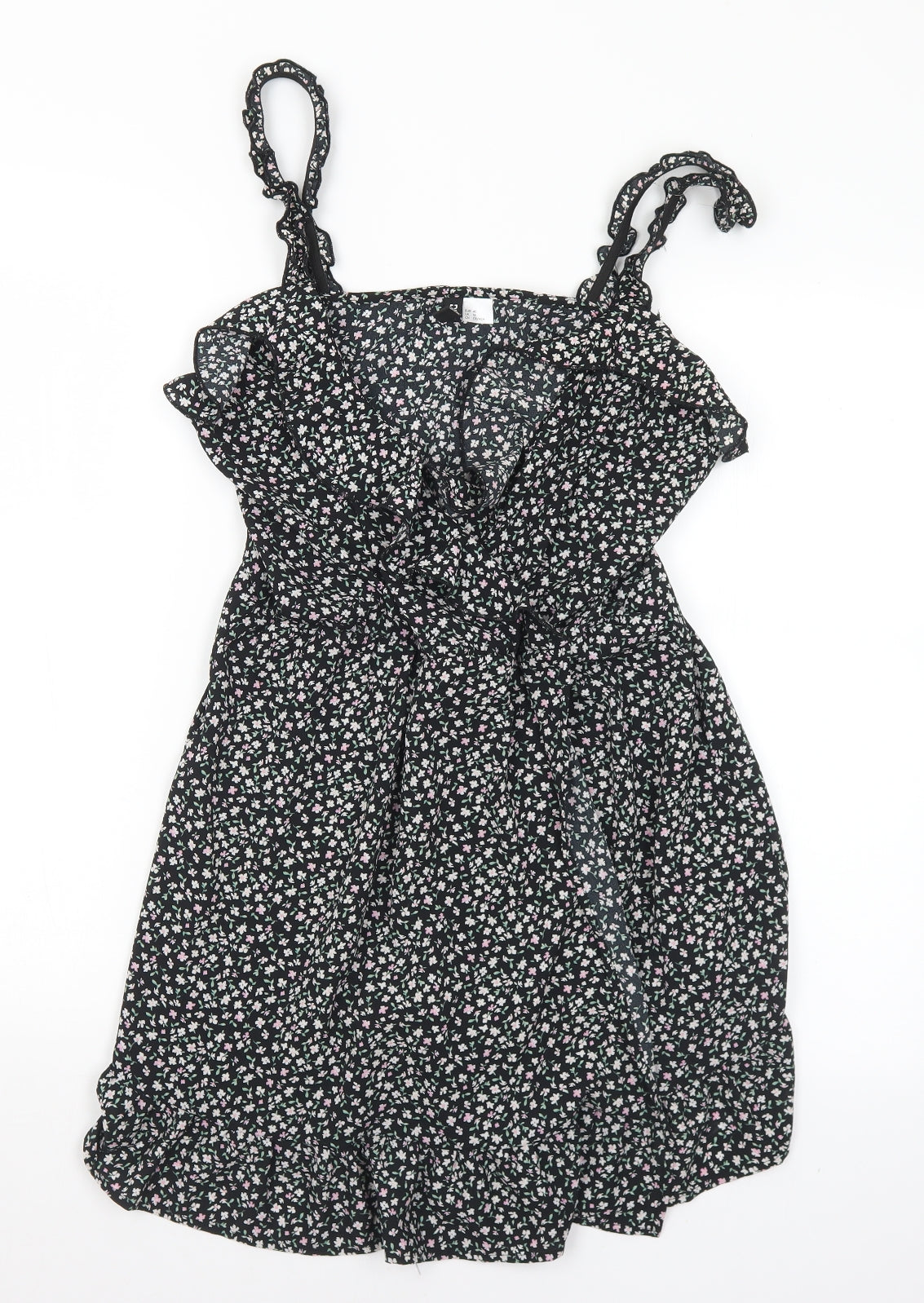 Divided Womens Black Floral Polyester Wrap Dress  Size 12  V-Neck