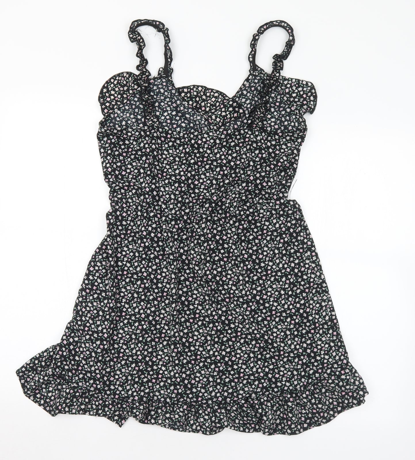 Divided Womens Black Floral Polyester Wrap Dress  Size 12  V-Neck