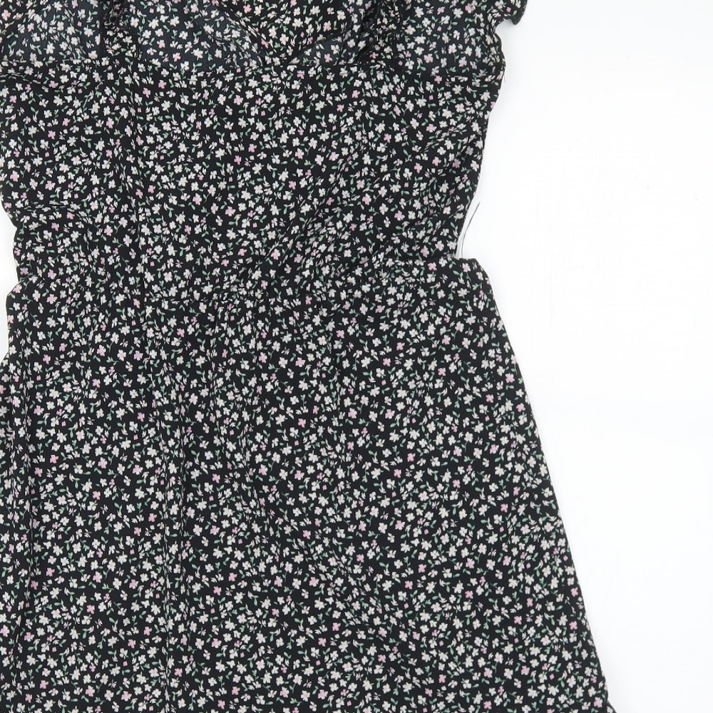 Divided Womens Black Floral Polyester Wrap Dress  Size 12  V-Neck