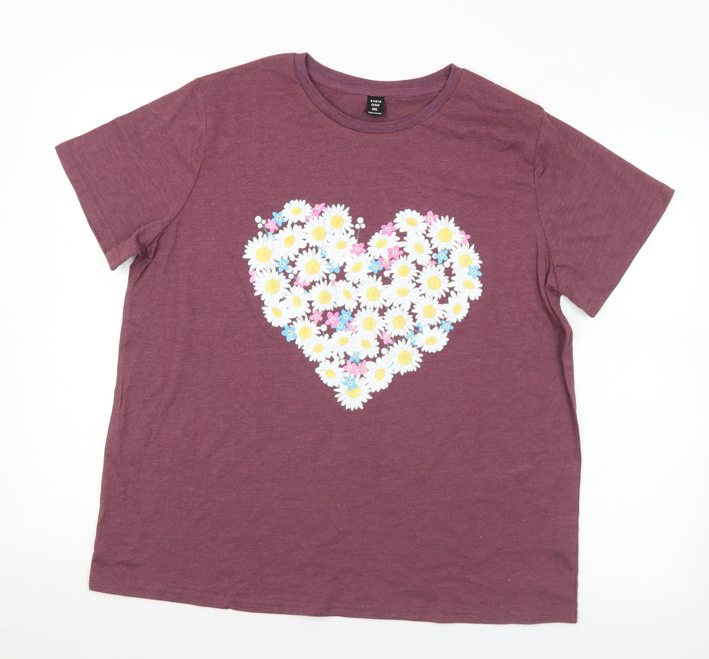 SheIn Womens Purple Floral Cotton Basic T-Shirt Size XL Crew Neck