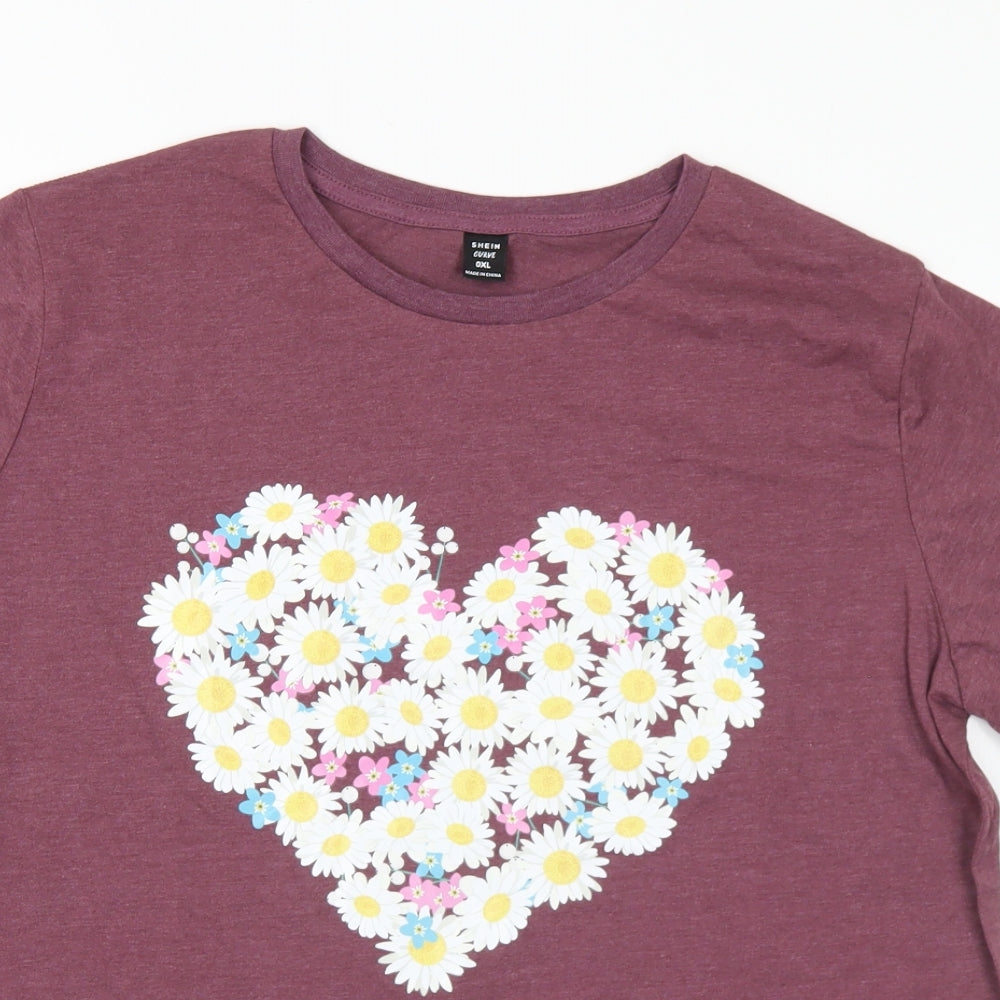 SheIn Womens Purple Floral Cotton Basic T-Shirt Size XL Crew Neck