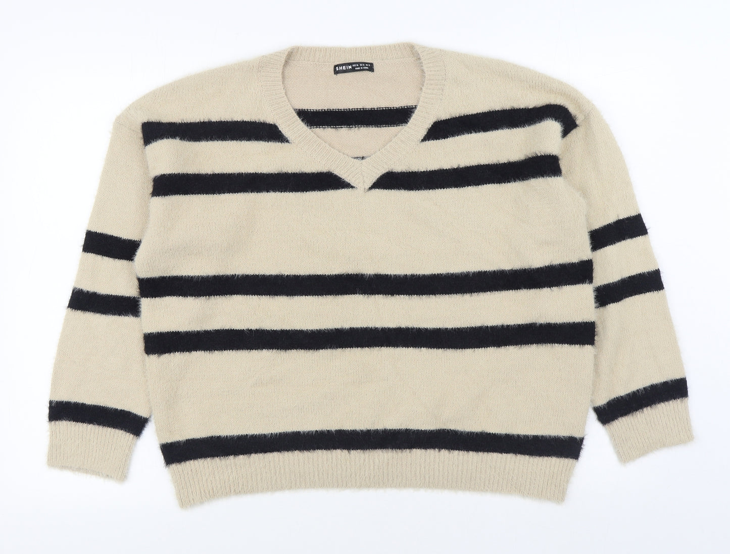 SheIn Womens Beige Round Neck Striped Polyester Pullover Jumper Size XL