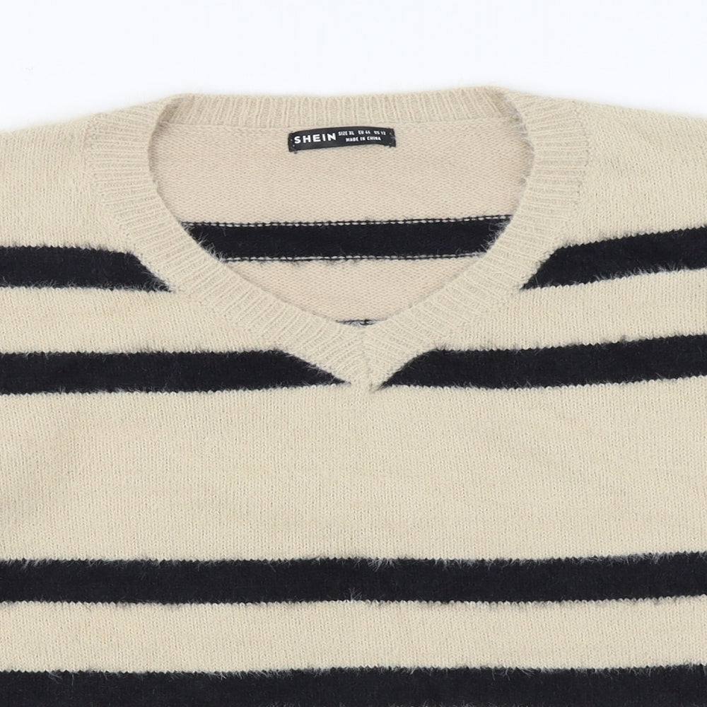 SheIn Womens Beige Round Neck Striped Polyester Pullover Jumper Size XL