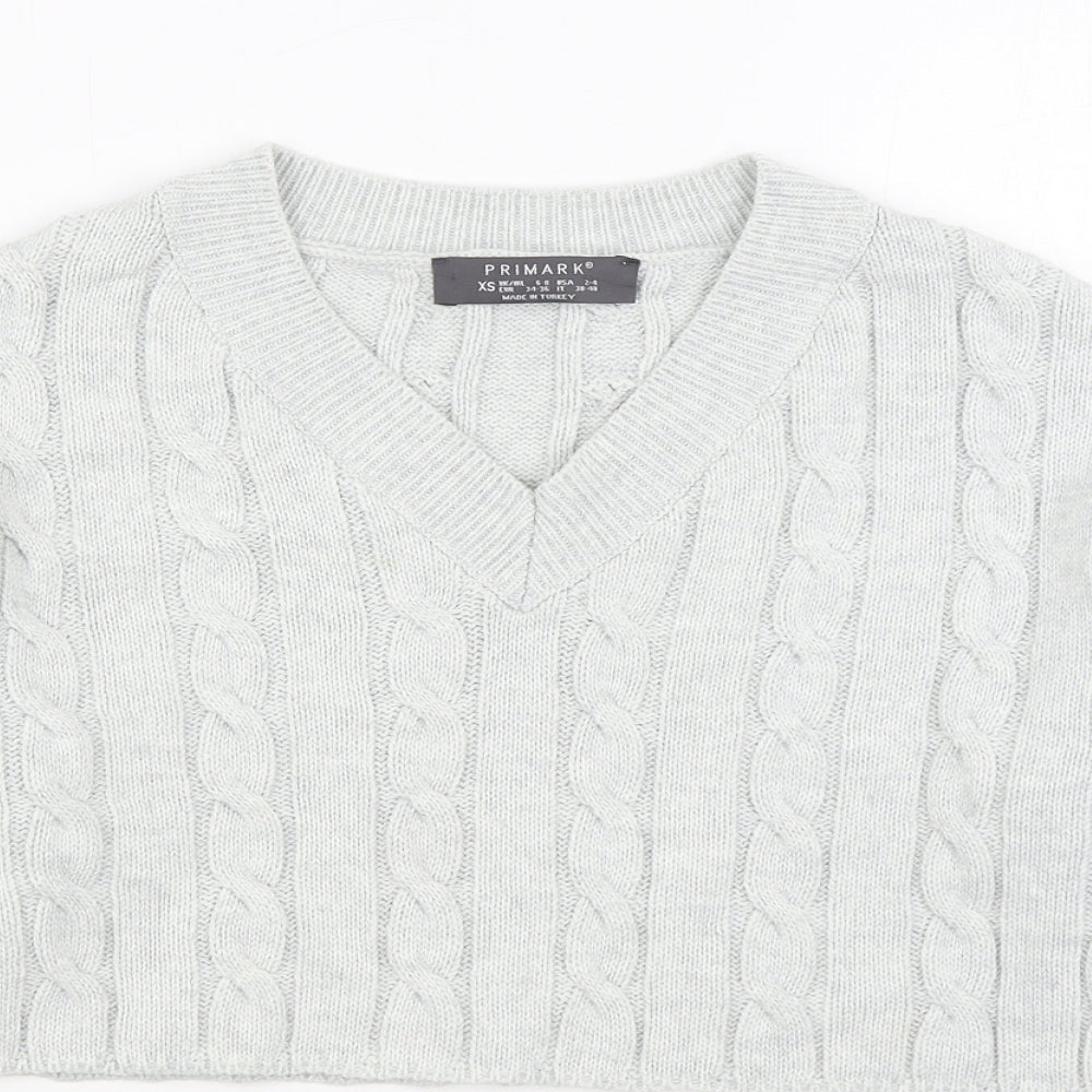 Primark Womens Grey V-Neck  Acrylic Pullover Jumper Size XS   - Cropped