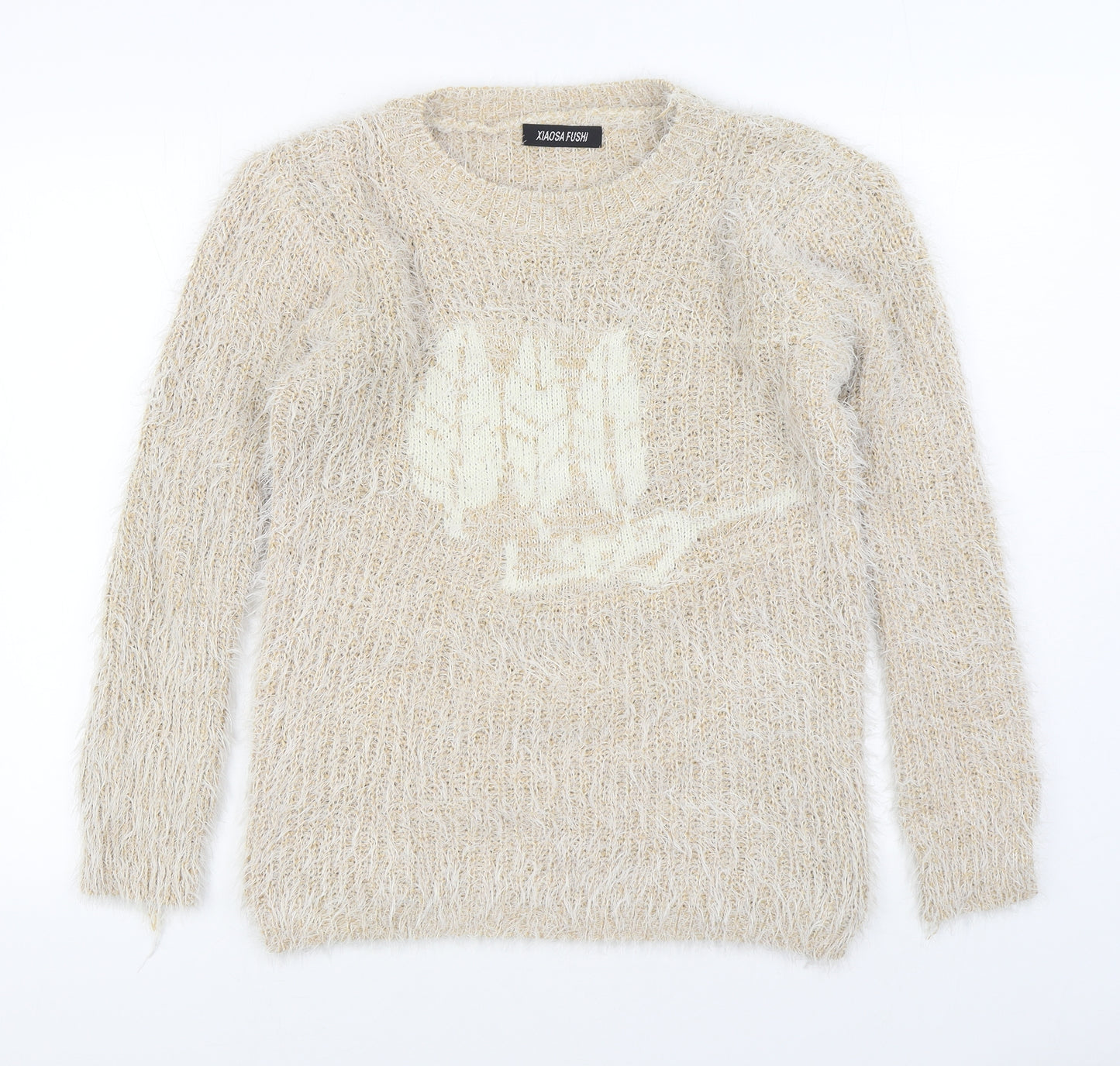 Xiaosa Fushi Womens Beige Round Neck  Cotton Pullover Jumper Size S