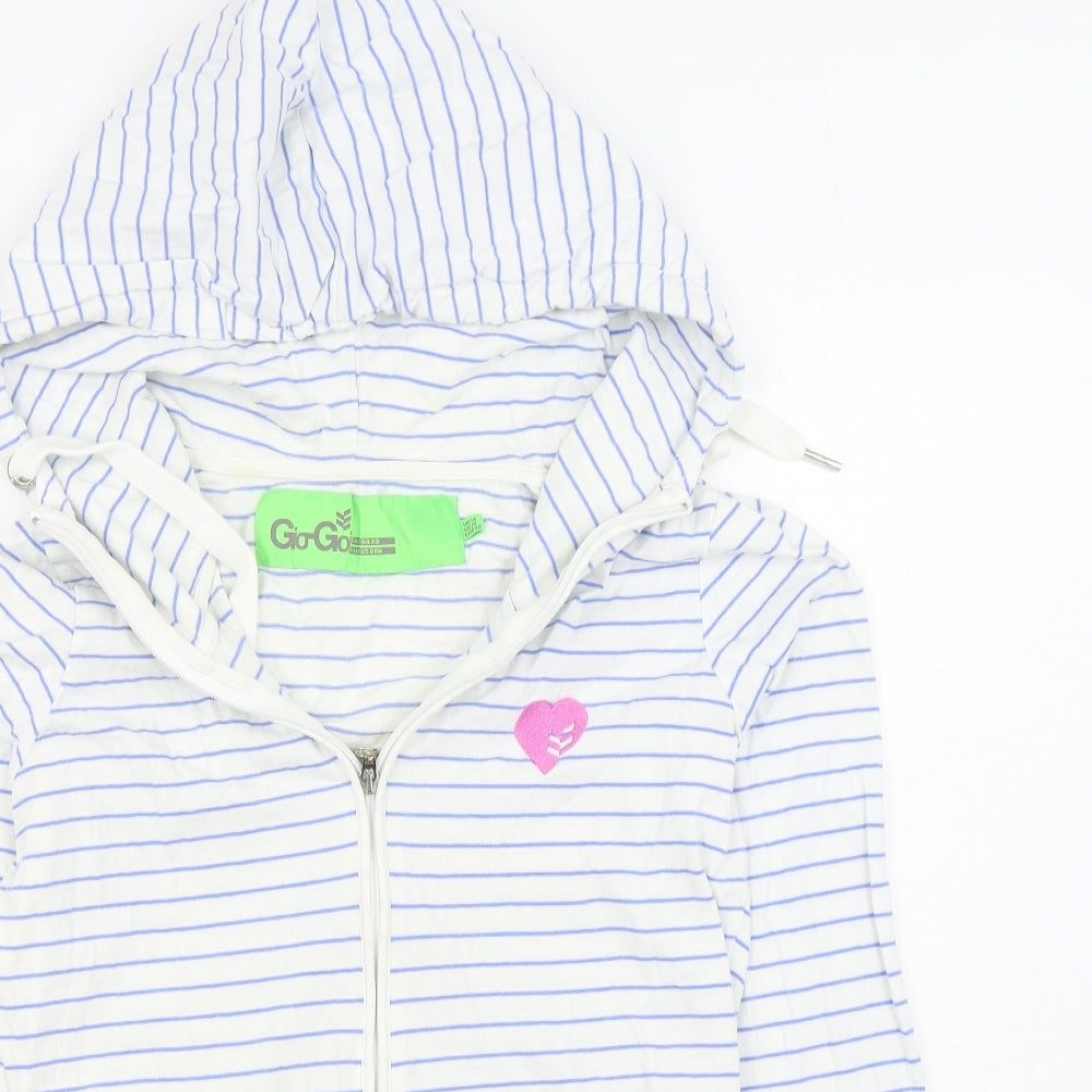 Gio Goi Womens White Striped 100% Cotton Full Zip Hoodie Size 14  Zip