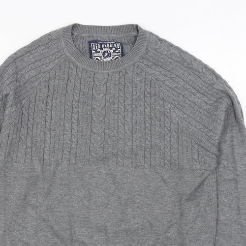 Red Herring Mens Grey Round Neck  Acrylic Pullover Jumper Size S