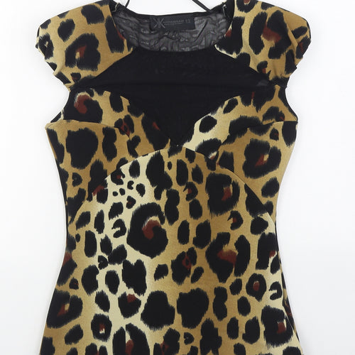 Kardashian Kollection Womens Brown Animal Print Polyester Basic Blouse Size 12 Round Neck