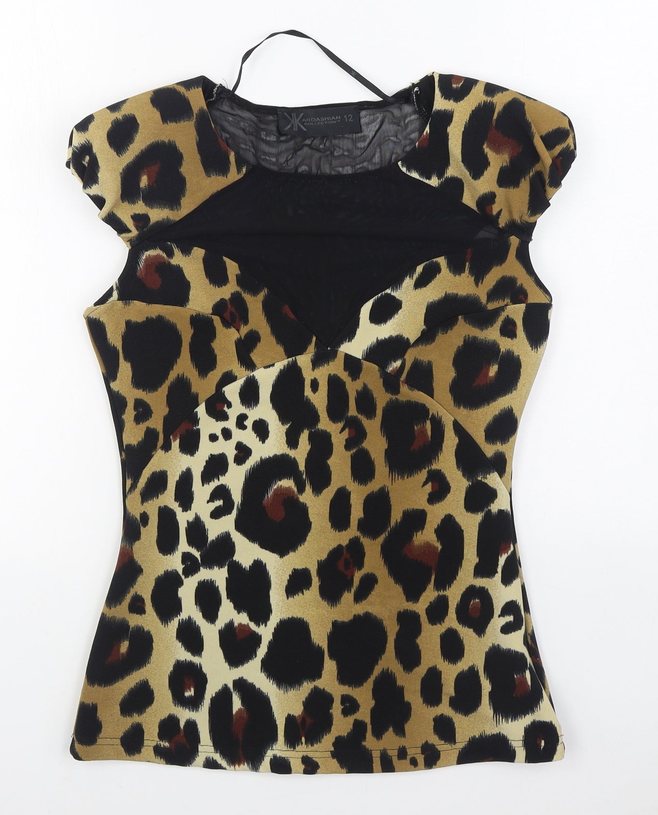 Kardashian Kollection Womens Brown Animal Print Polyester Basic Blouse Size 12 Round Neck