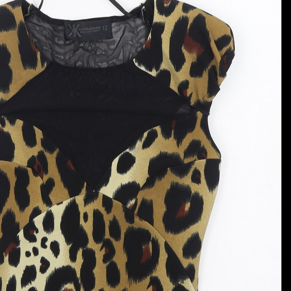 Kardashian Kollection Womens Brown Animal Print Polyester Basic Blouse Size 12 Round Neck