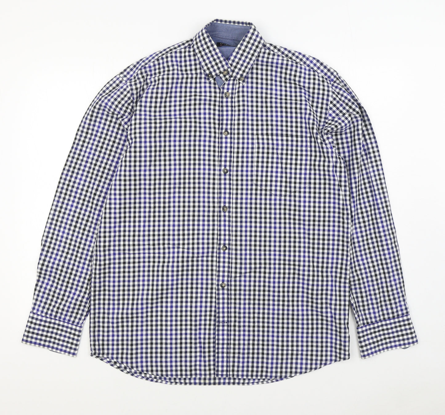 Pretend Mens Blue Plaid Cotton  Button-Up Size M Collared Button