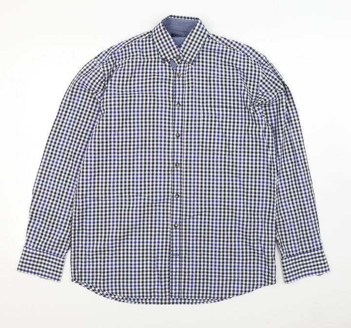 Pretend Mens Blue Plaid Cotton  Button-Up Size M Collared Button
