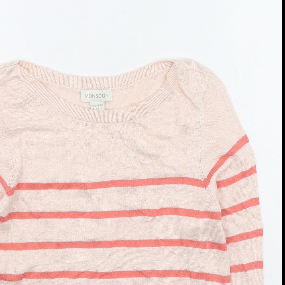 Monsoon Womens Multicoloured Round Neck Striped Linen Pullover Jumper Size 8