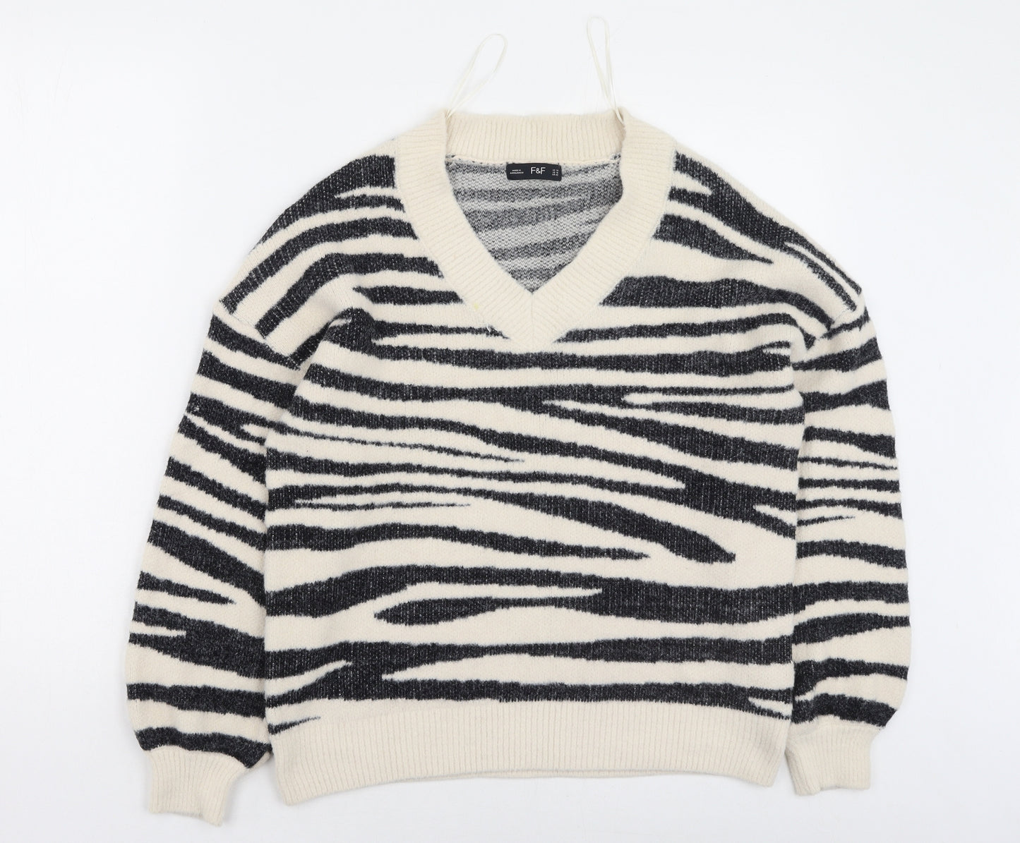 F&F Womens Multicoloured V-Neck Animal Print Polyamide Pullover Jumper Size 14