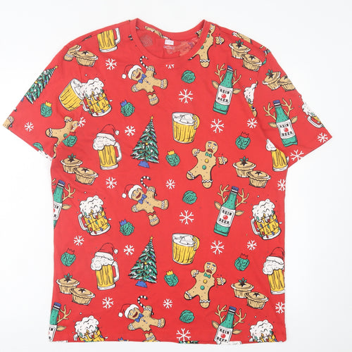 F&F Mens Red Geometric Cotton  T-Shirt Size L Crew Neck  - Christmas