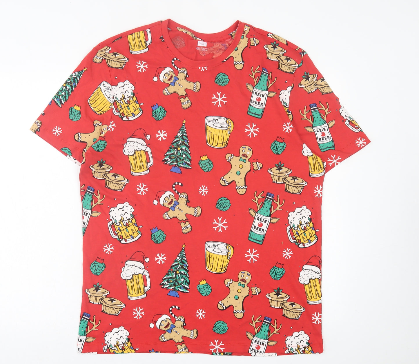 F&F Mens Red Geometric Cotton  T-Shirt Size L Crew Neck  - Christmas