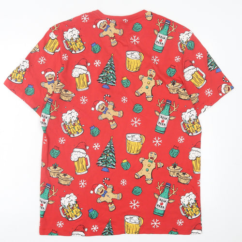 F&F Mens Red Geometric Cotton  T-Shirt Size L Crew Neck  - Christmas