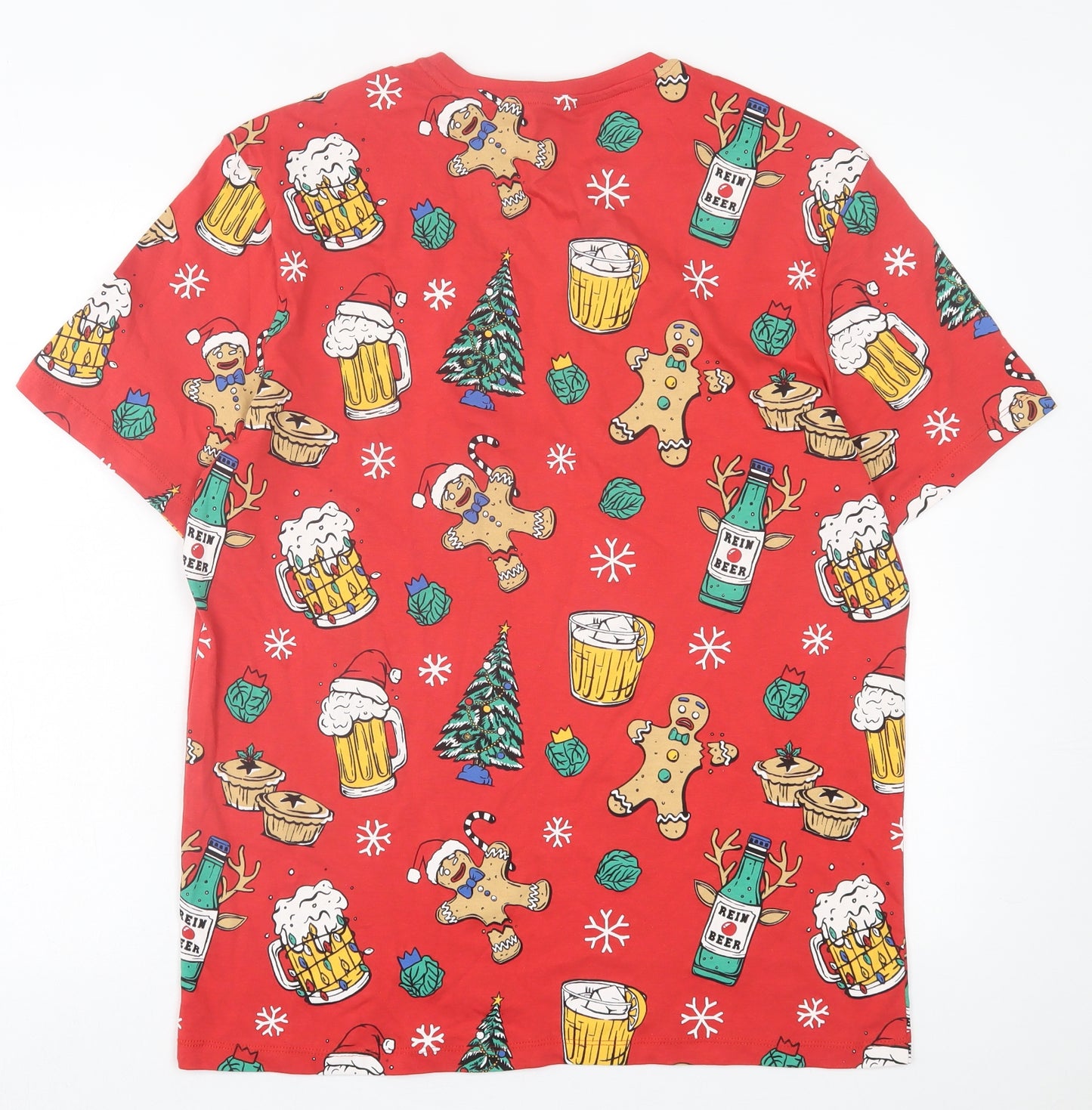 F&F Mens Red Geometric Cotton  T-Shirt Size L Crew Neck  - Christmas