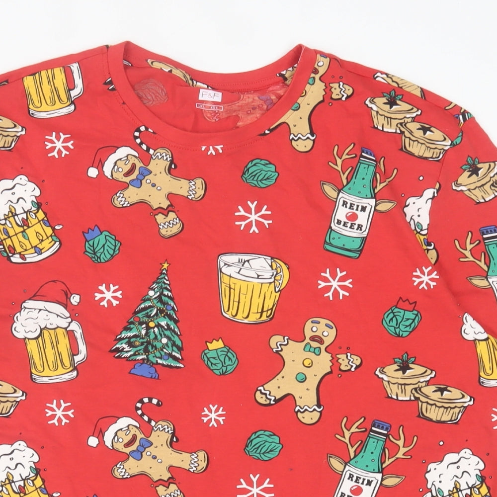 F&F Mens Red Geometric Cotton  T-Shirt Size L Crew Neck  - Christmas