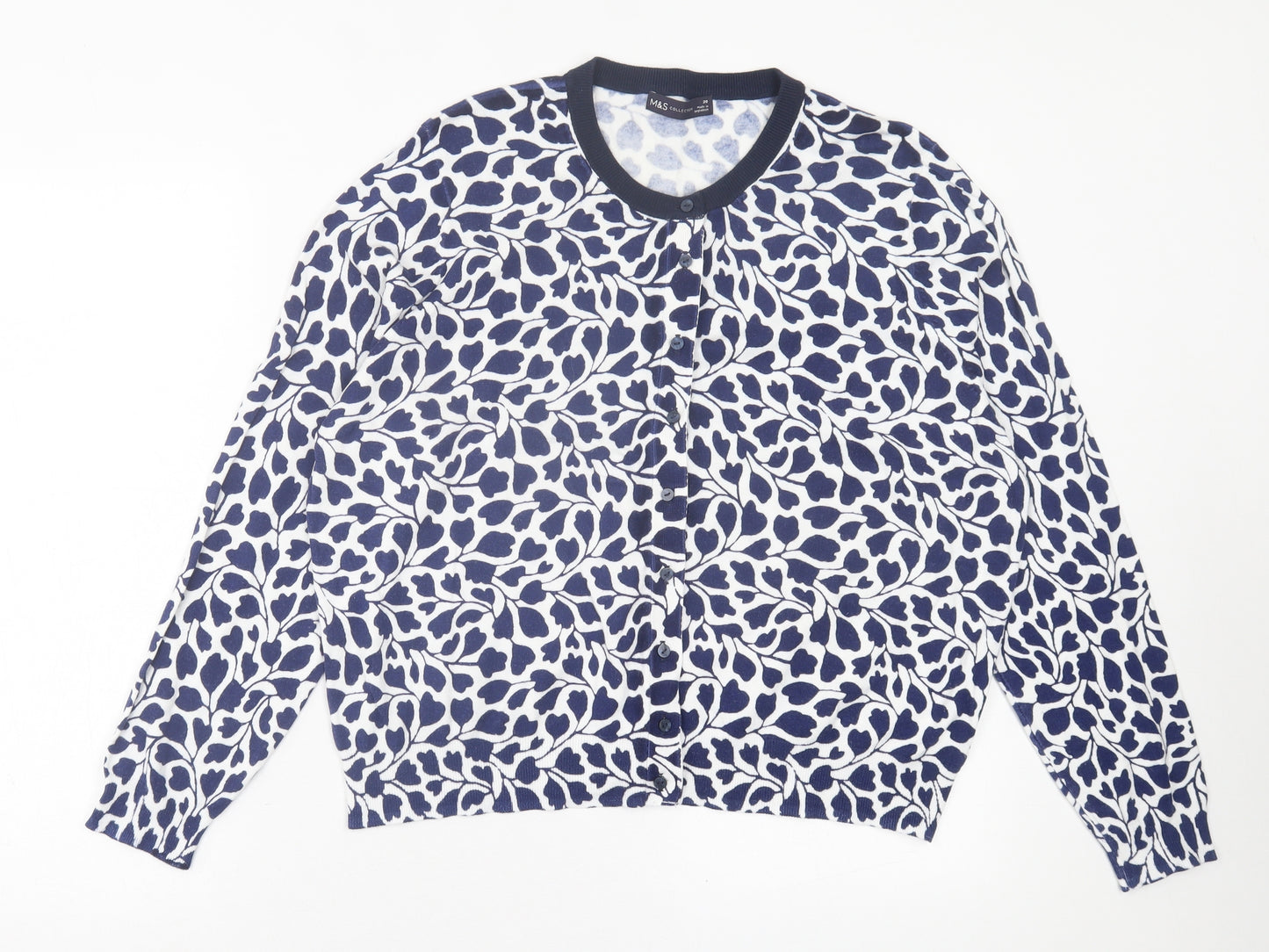 Marks and Spencer Womens Blue Crew Neck Geometric Viscose Cardigan Jumper Size 20