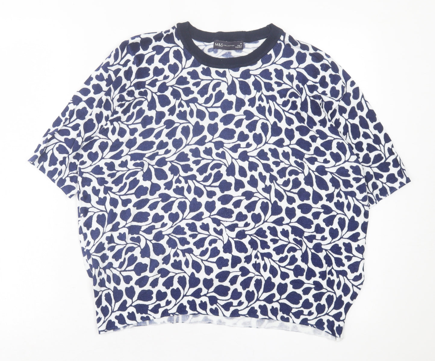 Marks and Spencer Womens Blue Geometric Viscose Basic T-Shirt Size 18 Crew Neck