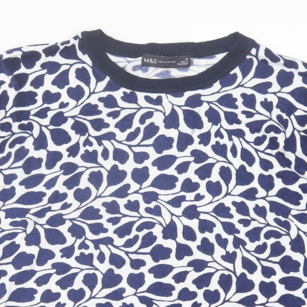 Marks and Spencer Womens Blue Geometric Viscose Basic T-Shirt Size 18 Crew Neck