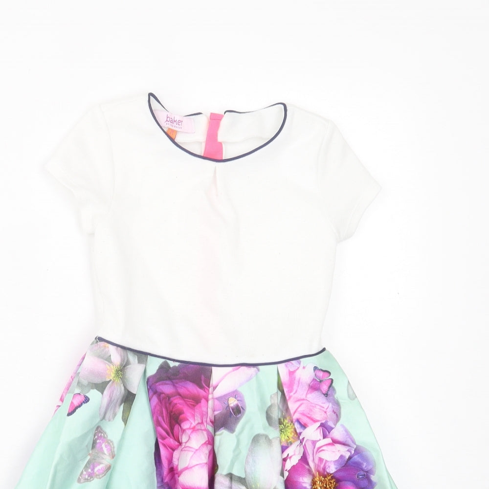 Ted Baker Girls White Floral Polyester A-Line  Size 4-5 Years  Crew Neck Zip