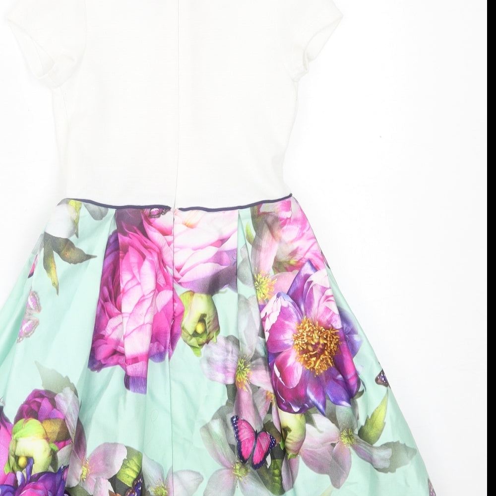 Ted Baker Girls White Floral Polyester A-Line  Size 4-5 Years  Crew Neck Zip